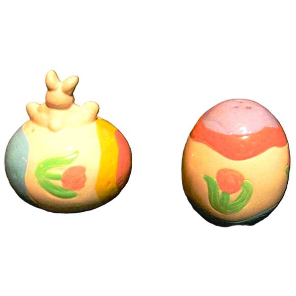 Hermitage Pottery Salt and Pepper Shaker Set Ceramic Easter Egg Shape, Tulips - Picture 2 of 4